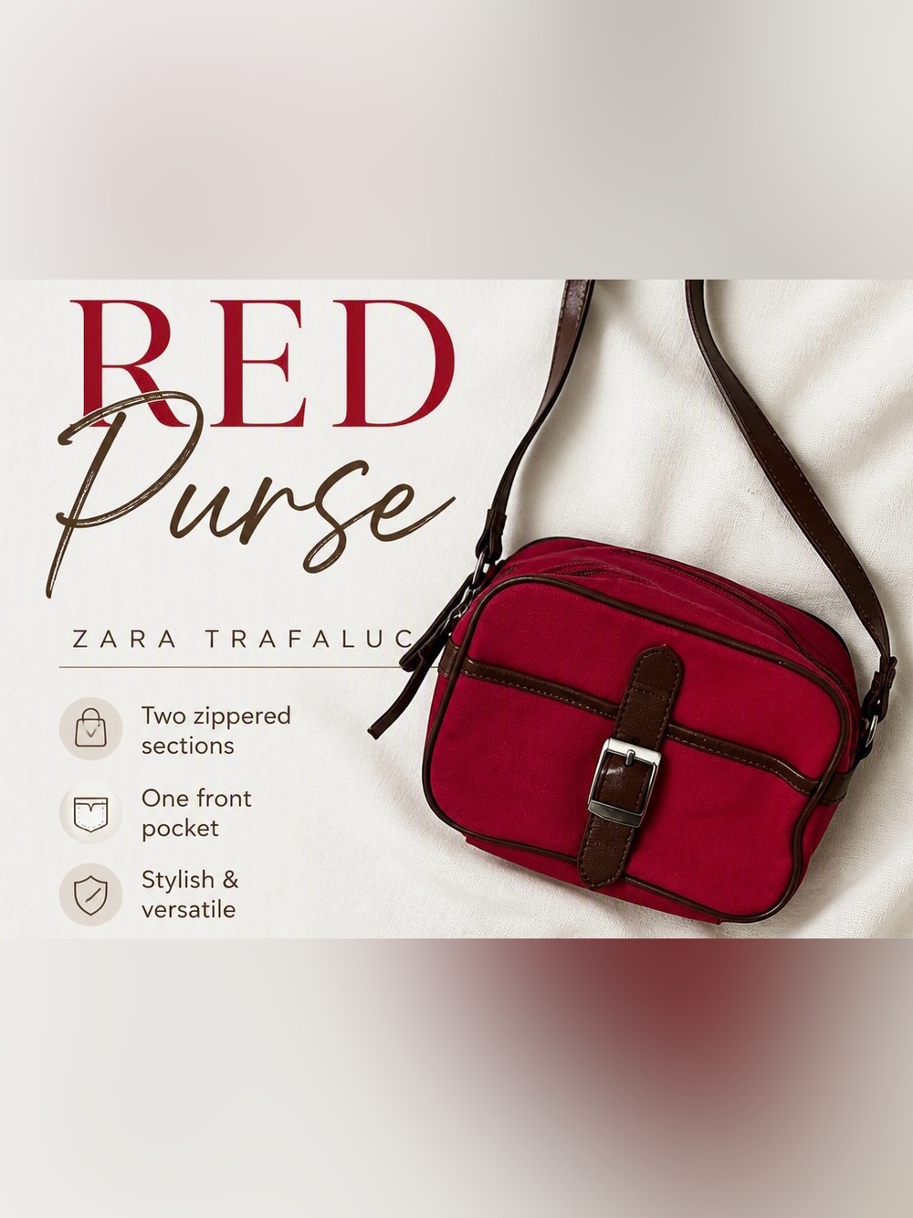 Zara Trafaluc red purse with 2 zippered sections. And one front pocket.